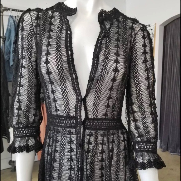 SOLD Vtg Black Crochet Plunging Button Dress S/M - Picture 3 of 3